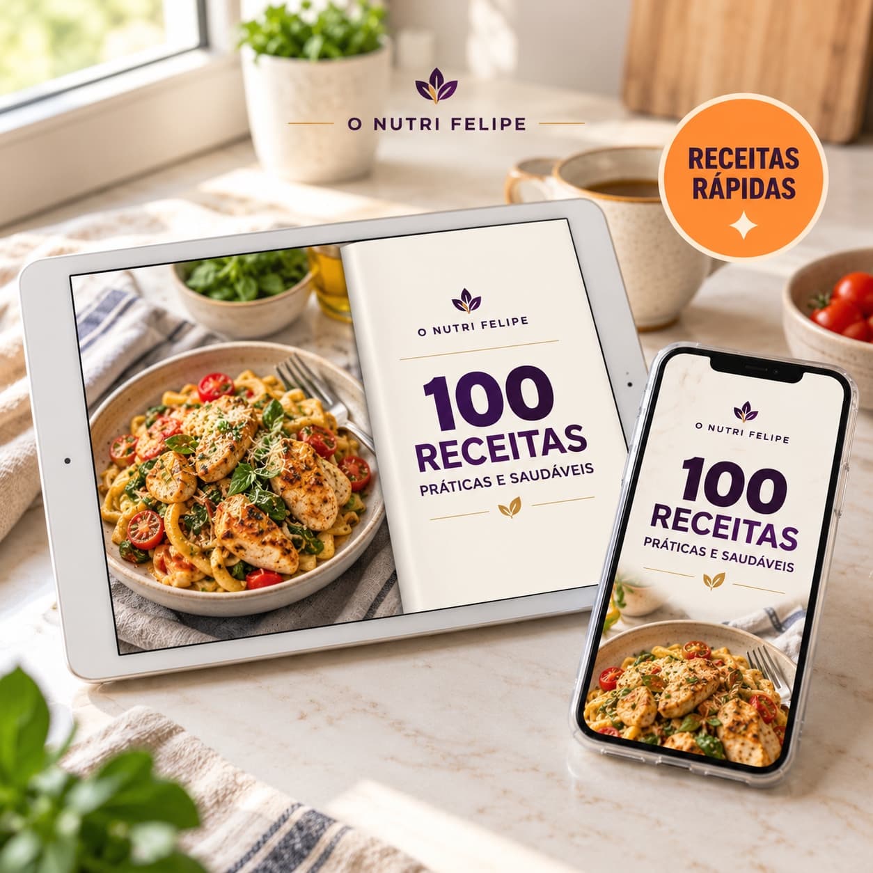 E-book O Nutri Felipe com capa de 100 receitas práticas e saudáveis, apresentado em tablet e celular, com selo Receitas Rápidas